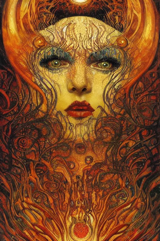 Image similar to Visions of Hell by Karol Bak, Jean Deville, Gustav Klimt, and Vincent Van Gogh, infernal, visionary, otherworldly, fractal structures, ornate gilded medieval icon, third eye, hellfire, spirals