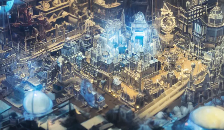 Image similar to crowd of people in simple white museum, looking at hologram of futuristic city on a table, cinematic concept art, godrays, golden hour, natural sunlight, 4 k, clear details, tabletop model buildings, center model buildings, hologram center, crane shot, crane shot, crane shot