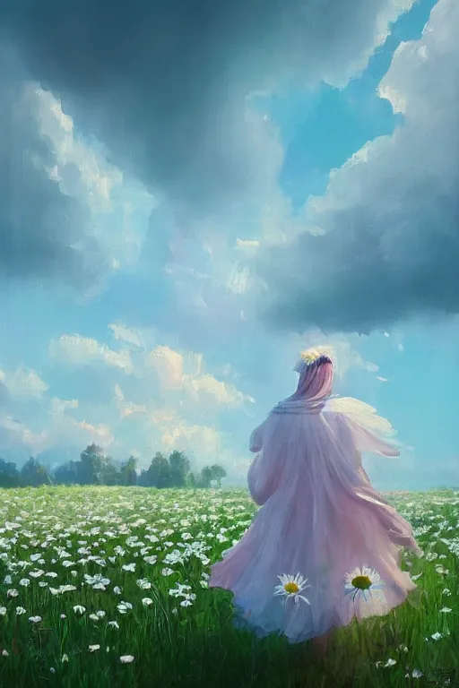 Image similar to giant white daisy flowers over face veil, girl walking in a flower field, surreal photography, sunrise, dramatic light, impressionist painting, colorful clouds, digital painting, artstation, simon stalenhag