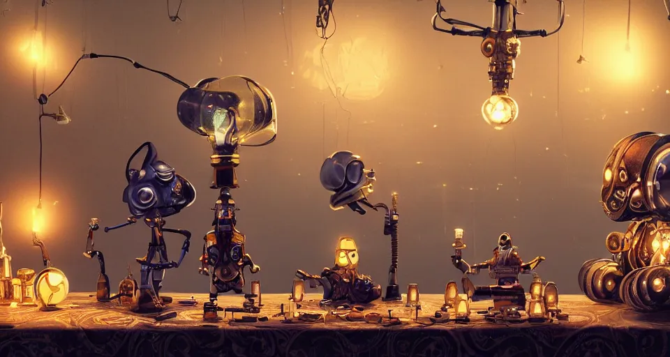 Prompt: a beautiful tapestry, a small robot playing a futuristic holographic chessgame, ultra detailed, atmospheric lighting, steampunk, moody, candles, characters from machinarium, by stanley kubrick, trending on artstation, octane render, 8 k, ultra realistic