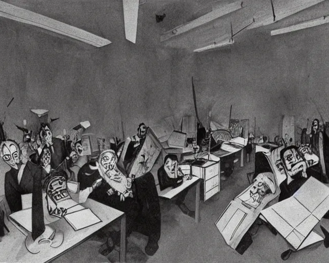 Image similar to the horror of beaurocracy, papers, horror, desks, office, waiting, stress, frustration, anger, crowded, harsh cinematic lighting, high qulity, 4 k, by charles addams and hilma af klint and affandi