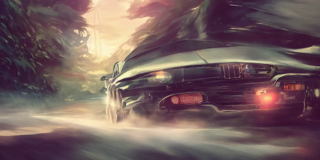 Image similar to a car, cinematic angle, studio Ghibli, volumetric lighting, bold, beautiful composition, intricate, elegant, digital art, detailed oil painting, hyperrealistic, sharp focus, 8k