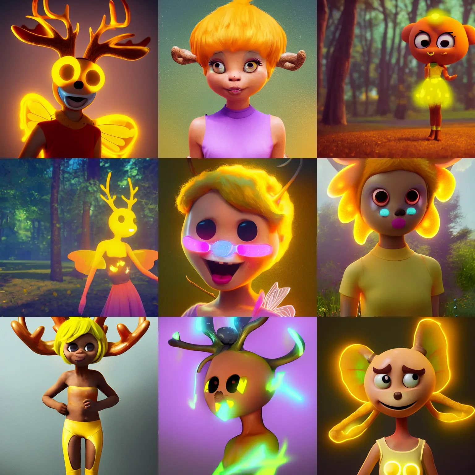 Prompt: the amazing world of gumball | penny, glowing yellow fairy girl with deer antlers | character portrait | trending on artstation, deviantart, 8 k, hyperrealistic, unreal engine 5, painterly enb