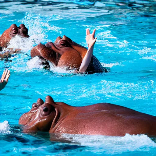 Image similar to hippopotamuses playing with humans, water polo. sports photograph.