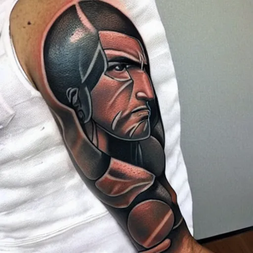 Prompt: tattoo of anime dwayne the rock Johnson on arm back