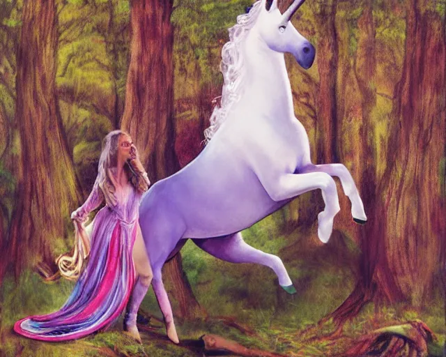 Prompt: woman riding a unicorn in enchanted forest, tiktok painting by annie liebovitz