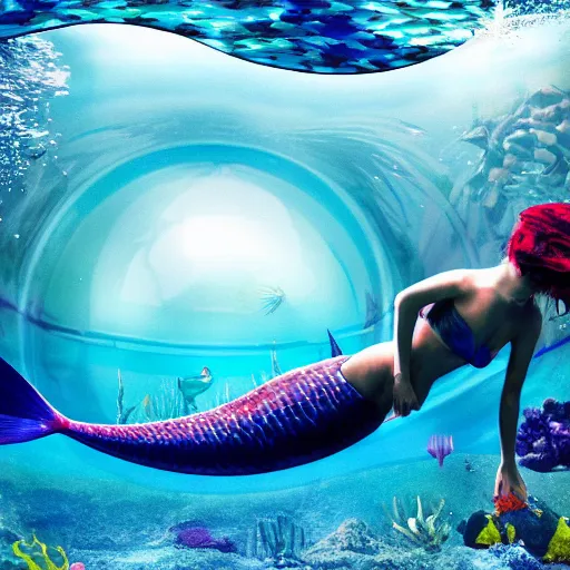 Prompt: a mermaid swimming past a futuristic underwater dome city