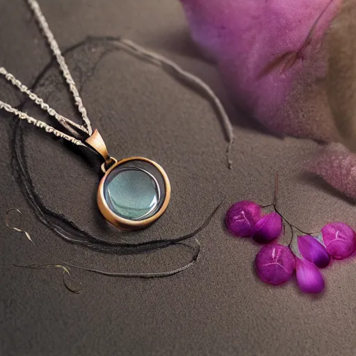 Prompt: intricate! organic, nordic wedding ring, necklace, gemstones, dreamy floral background, refraction, occlusion, lower and upper levels, octane render, vray render