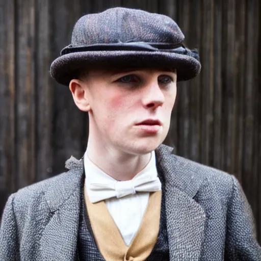 Image similar to photo of a british young man wearing peaky blinders outfits,