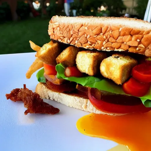 Prompt: sandwich with fried tofu, also one tomato slice, two onion rings, avocado and cheddar, over a dish and over a table, outside with a sunset and rainbow in the background with saturn and stars in the sky