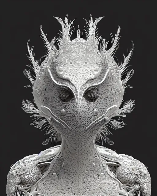 Prompt: bw close - up mask, beautiful young porcelain intricate bio - mechanical vegetal - dragon - cyborg, white metallic armour, white peacock feathers, roots, fine mandelbrot fractal lace, 1 5 0 mm, soft rim light, elegant, hyper real, ultra detailed, octane render, hg giger, 1 6 k