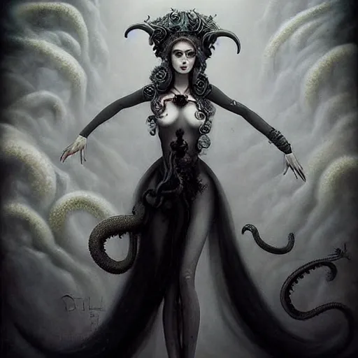 Image similar to By Tom Bagshaw, ultra realist soft painting of a curiosities carnival spikes flowers and tentacles by night, very beautiful dark eyed female dollpunk in full long dress, symmetry accurate features, very intricate details, omnious sky, black and white, volumetric light clouds