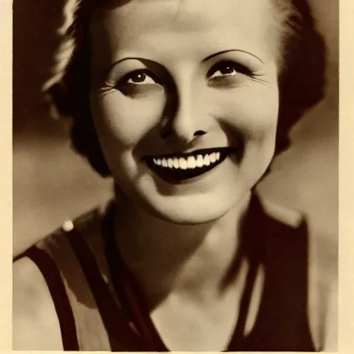 Image similar to a 1 9 2 8 portrait. happy, healthy, smiling, sporty, glowing greta garbo in athletic wear with big smile and healthy teeth.