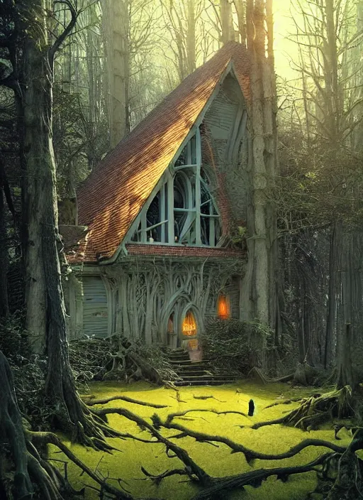 Image similar to hyper realistic witchy modern gothic house with mood lighting and tech in the woods gorgeous lighting, sunbeams blue sky, highly detailed, lush forest foliage painting by zdzisław beksinski and norman rockwell and greg rutkowski weta studio, and lucasfilm