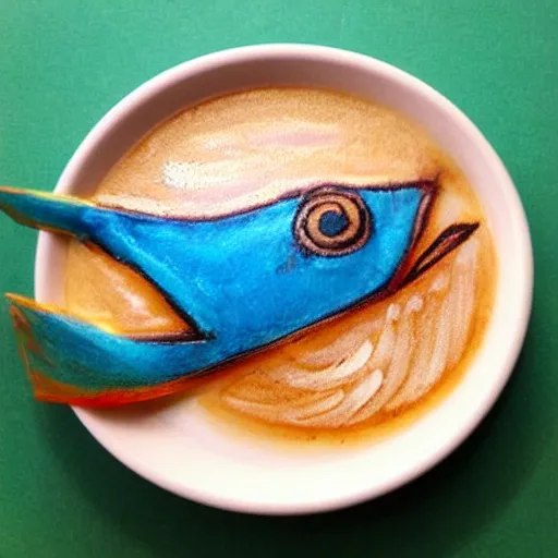 Image similar to a flying fish in the style of latte art