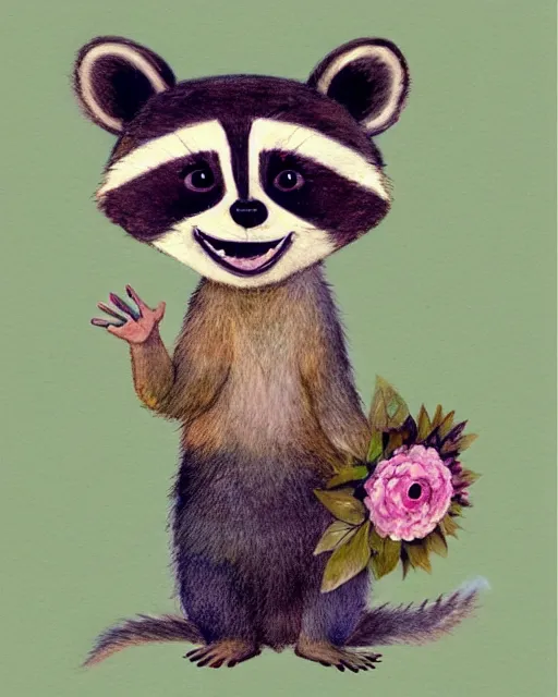 Image similar to a watecolor painting of a smiling happy cute raccoon wearing a flower crown, by antoine de saint - exupery and annabel kidston and naomi okubo and jean - baptiste monge. a child storybook illustration, muted colors, soft colors, low saturation, fine lines, white paper