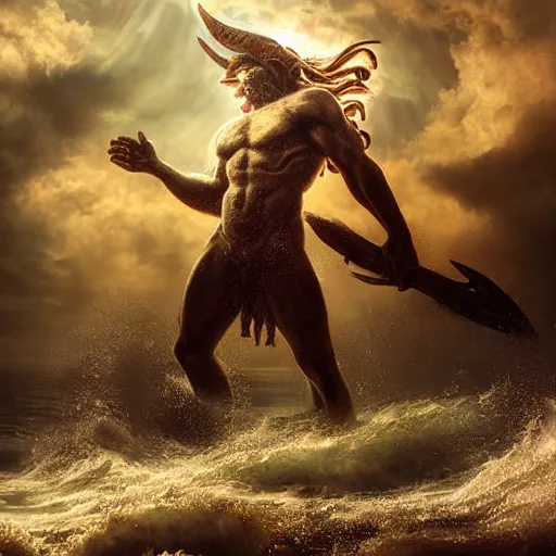 Image similar to gigantic, commanding menacing vengeful ancient god poseidon rising out of the ocean waters portrait, mysterious atmospheric lighting, painted, intricate, volumetric lighting, beautiful, rich deep colours masterpiece, golden hour, sharp focus, ultra detailed, by leesha hannigan, ross tran, thierry doizon, kai carpenter, ignacio fernandez rios