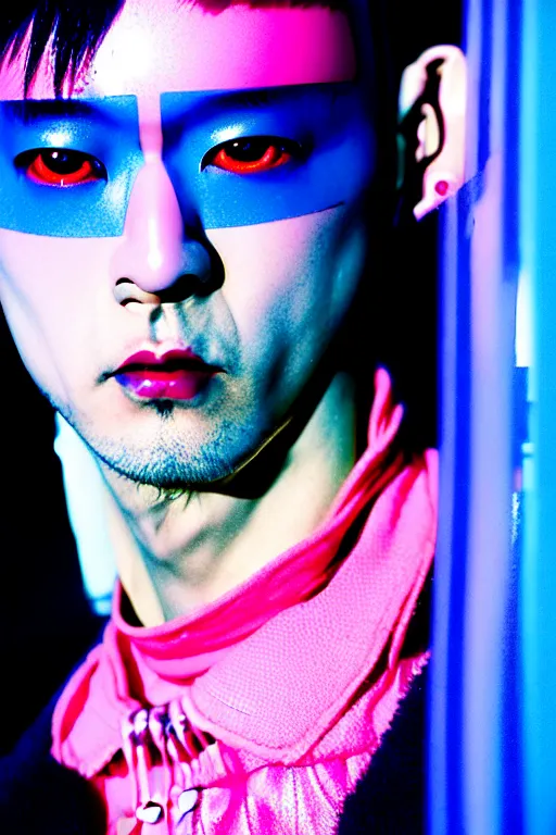 Image similar to a close - up risograph of cyberpunk japanese model men with black eyes and pretty face wearing lots of transparent and cellophane accessories, huge earrings, and queer make up, blue hour, twilight, cool, portrait, kodachrome, iso 1 2 0 0, photo by mayumi hosokura, style by moebius