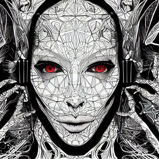 Image similar to Geometrically surreal Artificial Intelligent Faces, extremely high detail, photorealistic, intricate line drawings, dotart, album art in the style of James Jean