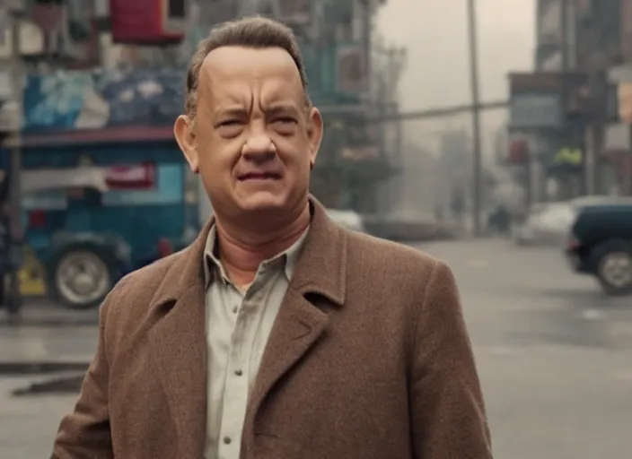 Image similar to film still of Tom Hanks roaming the dirty streets in the new Deathwish, 4k