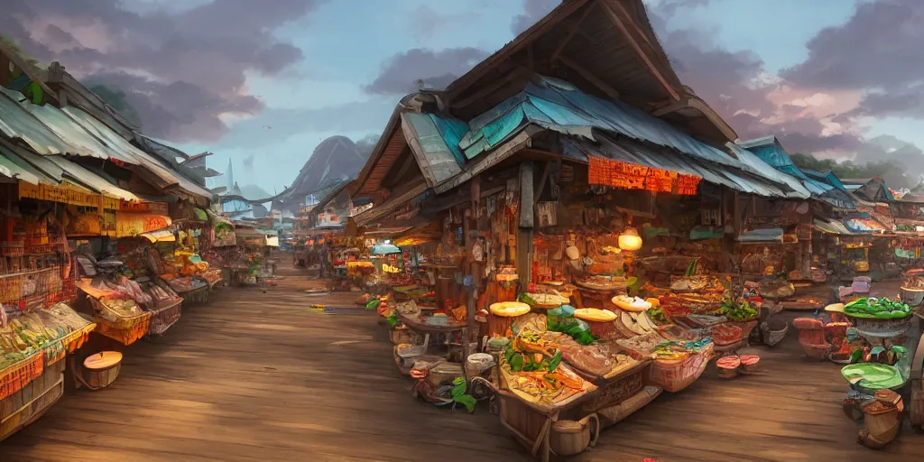 Image similar to shops at pulau indah fishing village, early morning, detailed matte painting, low angle view, telephoto lens, bokeh, studio ghibli, artstation