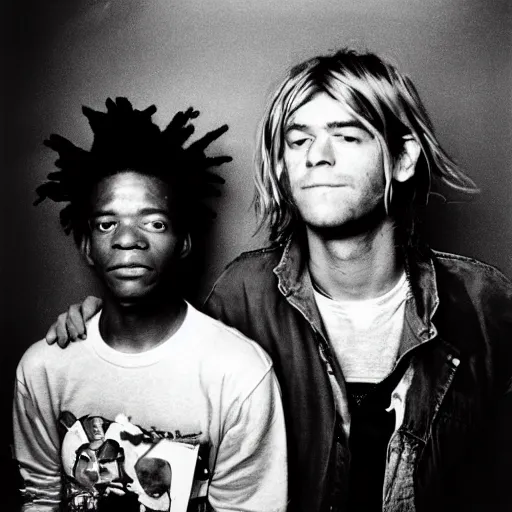 Image similar to medium format photo of jean - michel basquiat and kurt cobain photographed by annie leibovitz in a hi end photo studio, photorealistic, atmospheric,