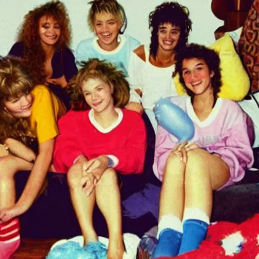 Prompt: 1990s web browser showing a 1980s picture of a slumber party