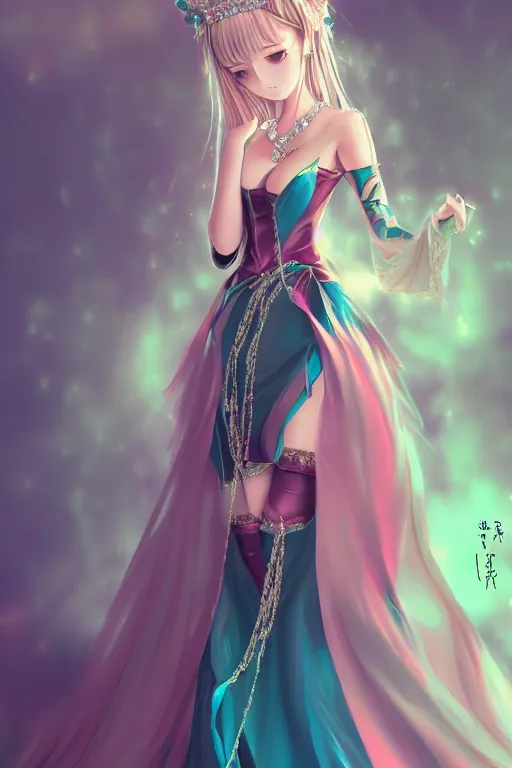 Image similar to Anime sad princess in full figure wearing an exotic evening gown, heargear and jade necklace, evening, detailed painting, WLOP, Artstation