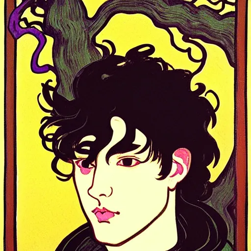 Image similar to painting of young cute handsome beautiful dark medium wavy hair man in his 2 0 s named shadow taehyung and cute handsome beautiful min - jun together at the halloween party, bubbling cauldron, candles, smoke, tarot, autumn colors, elegant, stylized, soft facial features, delicate facial features, art by alphonse mucha, vincent van gogh, egon schiele