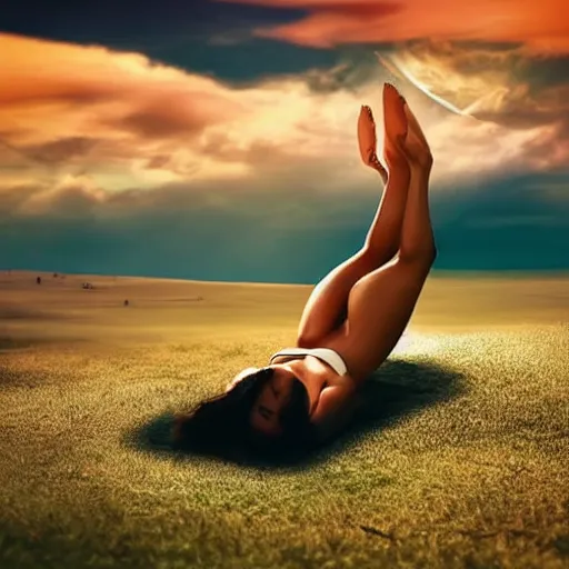 Prompt: beautiful woman laying on a sun lounge amongst the clouds leaving little to the imagination, dreamy, retro futuristic, surreal, realistic