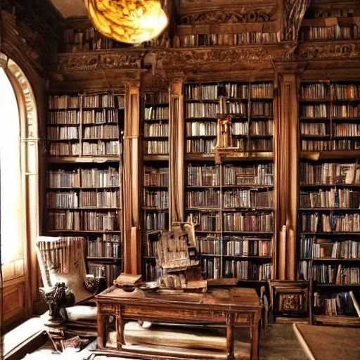 Prompt: the old library of an archmage, dusty, godrays, dusty books, bookcases, potion bottles, chairs, dnd fantasy