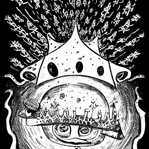 Prompt: black and white trippy comic art of a pig wearing a gold crown abducted by ufo, lots of particles, drawn by Martin Rowson, Tim Burton, Studio Ghibli, Alex Pardee, Nekro Petros Afshar, James McDermott, cgsociety 4K