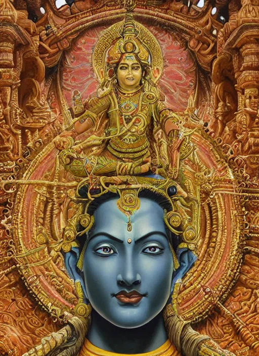 Image similar to highly detailed picture of cybertronic statue of shiva in a hindu temple, edge of the universe, perfectly symmetrical face, elegant, centered, digital painting, artstation, concept art, smooth, sharp focus, illustration, golden ratio, perfect symmetrical, intricate, by boris vallejo, masterpiece, book by gene wolfe, highly detailed painting by gustave dore