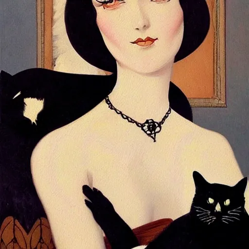 Prompt: a painting of a woman holding a black cat, an art deco painting by georges emile lebacq, featured on deviantart, gothic art, pre - raphaelite, gothic, goth, wiccan, tarot card