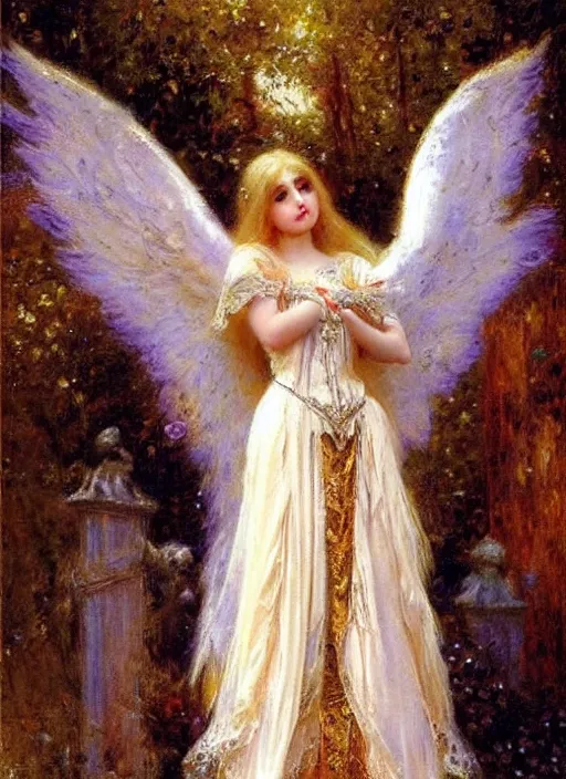 Image similar to vertical prtrait of an angel knight gothic girl, baroque dress. by gaston bussiere