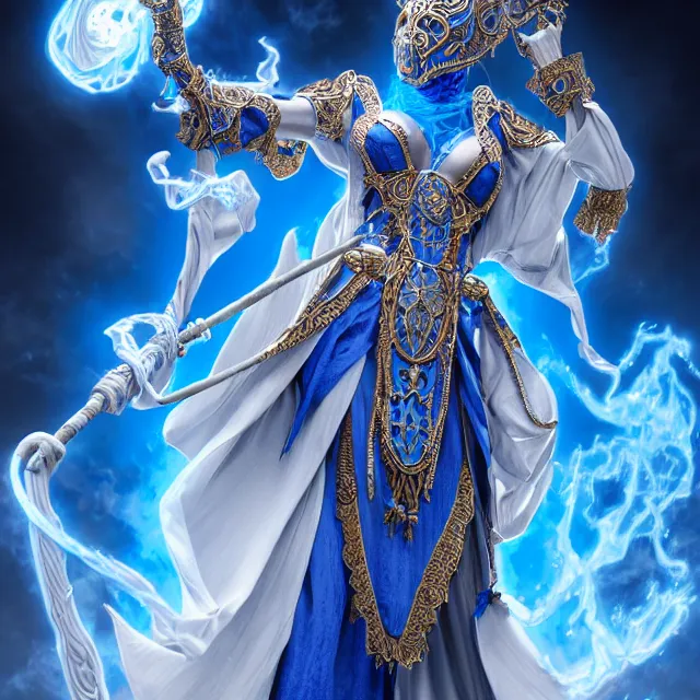 Image similar to elemental sky witch in ornate blue and white robes and staff, highly detailed, 8 k, hdr,, clayton crain