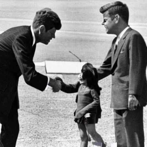 Prompt: archive footage still of John F Kennedy shaking hands with an alien in front of Area 51 at mid day