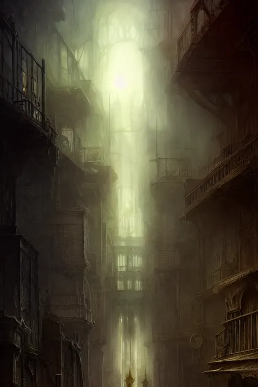 Prompt: fantasy city with dark alleyways highly detailed, digital painting, concept art, matte, sharp focus, watercolor illustration, art by j w turner and roberto ferri, epic fantasy, moody, dark mood, digital painting