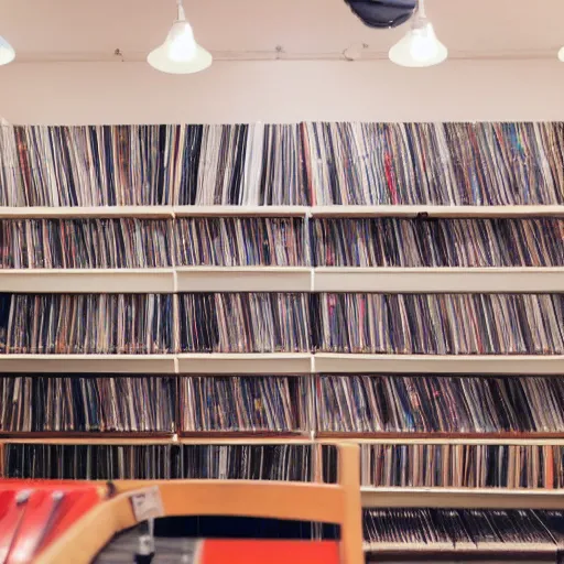 Image similar to cozy music shop, floor to ceiling shelves of vinyl LP records, large speakers and hifi equipment, interior, intimate, comfortable, anime style