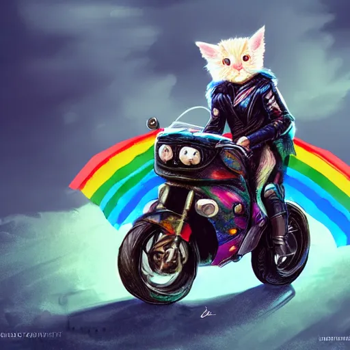 Image similar to wide angle full body, jacket wearing fluffy cute rainbow kitten wearing a black leather motorcycle jacket, riding on a motorcycle, cinematic concept art