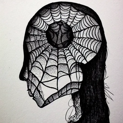 Prompt: black ink on paper, doll head with spider legs, trending on artstation, beautiful, intricate, detailed