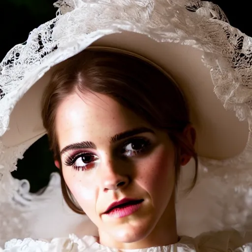 Image similar to big eyes full body fashion model emma watson smokey eyes makeup eye shadow textured film grain fantasy, glow, shimmer as victorian woman in a long white frilly lace dress and a large white hat having tea in a sunroom filled with flowers, roses and lush fern flowers ,intricate, night, highly detailed, dramatic lighting , high quality