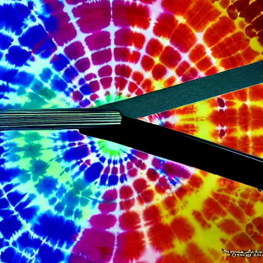 Prompt: a katana a laser tie dye covered blade, uncropped, photography