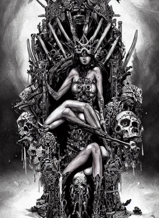 Image similar to the ruined queen sitting on a throne made of skulls, concept art, digital illustration, trending on artstation, deviantart, artgerm, epic composition, masterpiece, highly detailed, perfect face, realistic face, wlop, ross draws