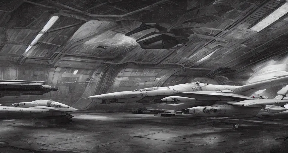 Image similar to inside the hangar of a starship, pilots run towards a fighter craft, photo sepia tone, realistic, detailed, hyperrealistic, dark sci - fi, by rutkowski, 8 k, artstation