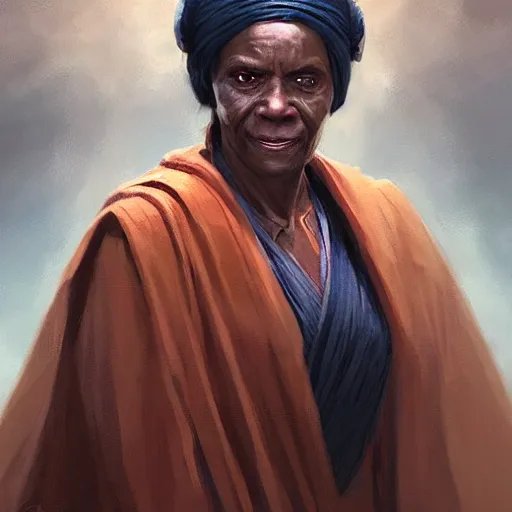 Image similar to portrait of a woman by greg rutkowski, old jedi master, afroamerican, wise, star wars expanded universe, she is about 7 0 years old, wearing jedi robes.