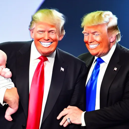 Prompt: elon musk and donald trump holding their baby, professional photography