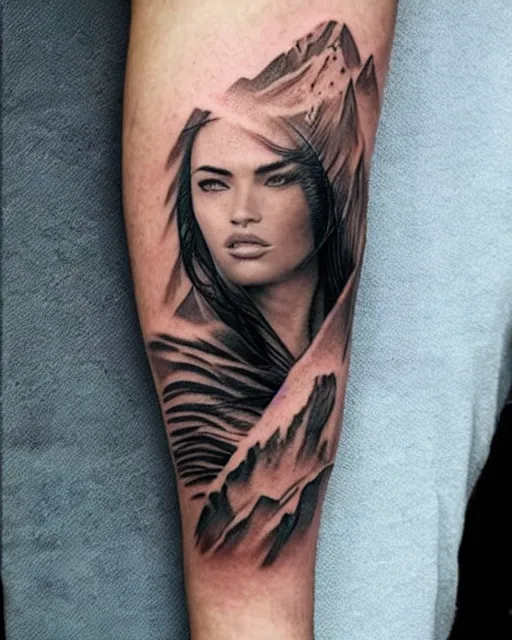 Image similar to creative double exposure effect tattoo design sketch of megan fox faded in beautiful mountain scenery, realism tattoo, in the style of matteo pasqualin, amazing detail, sharp