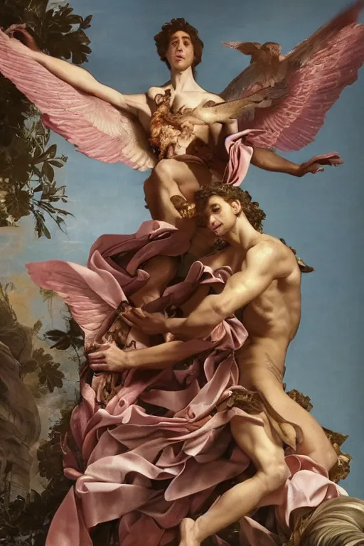 Image similar to a young handsome Spanish prince in a full-body bronze baroque statue of Icarus posed seductively, crown of peach roses, flowing pink-colored silk, fabric, flowers. baroque elements, human skull. full-length view. baroque element. intricate artwork by caravaggio. many many birds birds on background. Trending on artstation, octane render, cinematic lighting from the right, hyper realism, octane render, 8k, depth of field, 3D