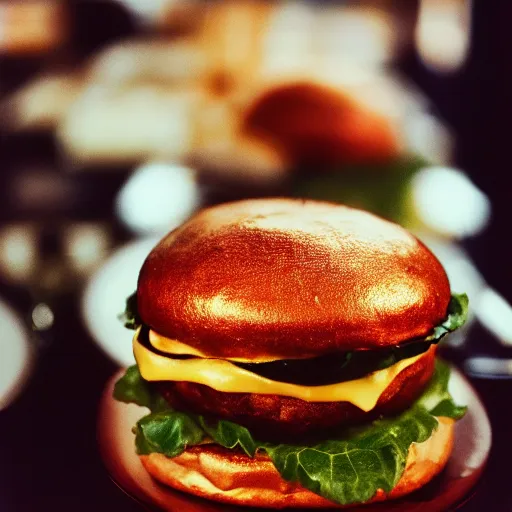 Prompt: photo of gold plated hamburger, cinestill, 800t, 35mm, full-HD